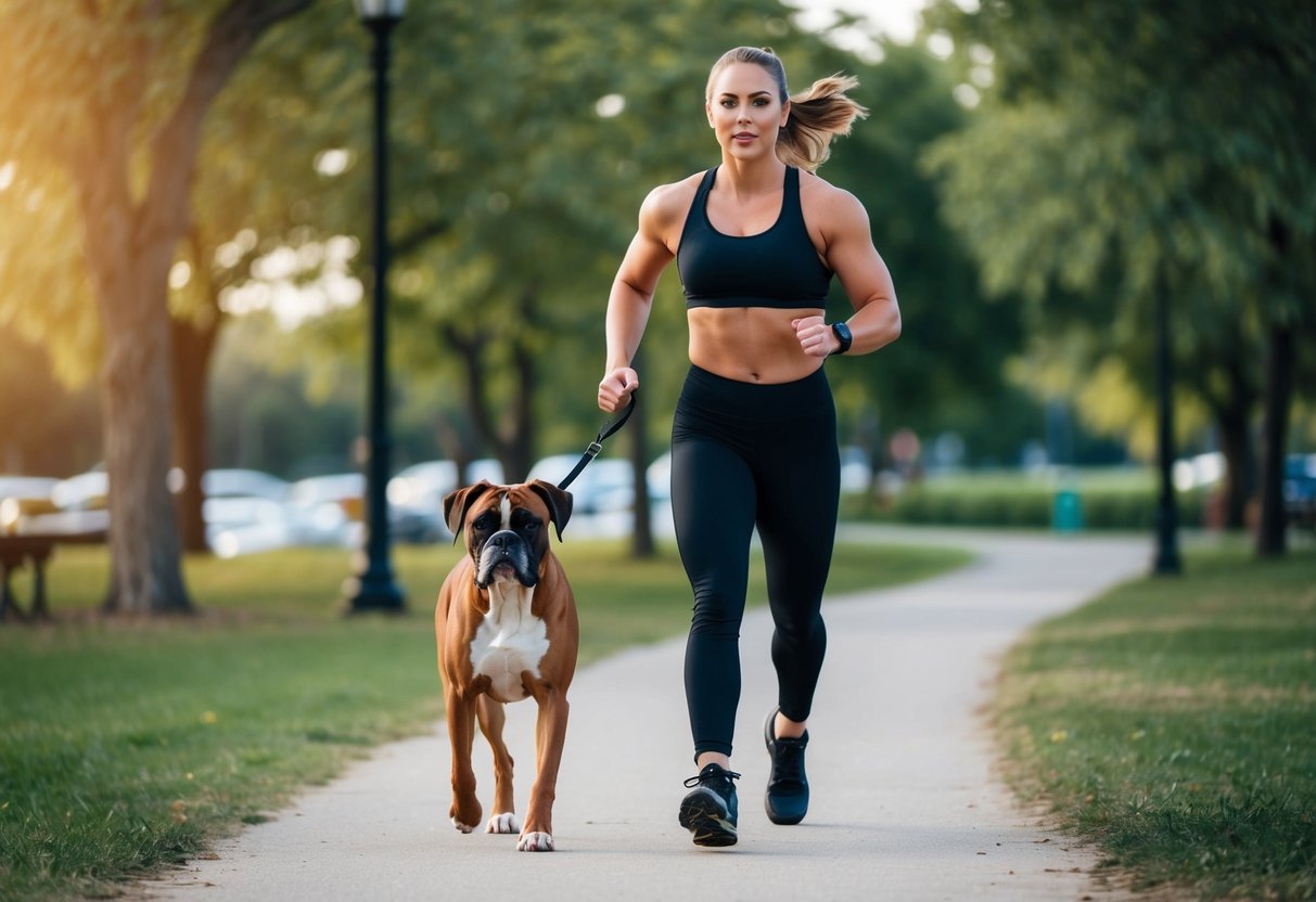 A person with an athletic build and energetic demeanor walks a boxer dog through a park, both exuding strength and confidence