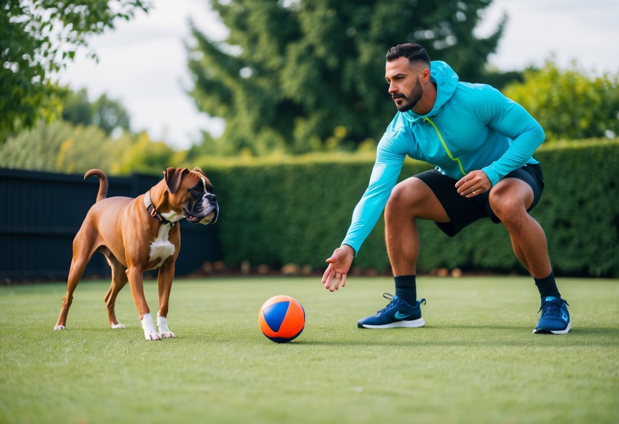 A fit, active individual with outdoor gear and a spacious backyard, playing fetch with a boxer dog