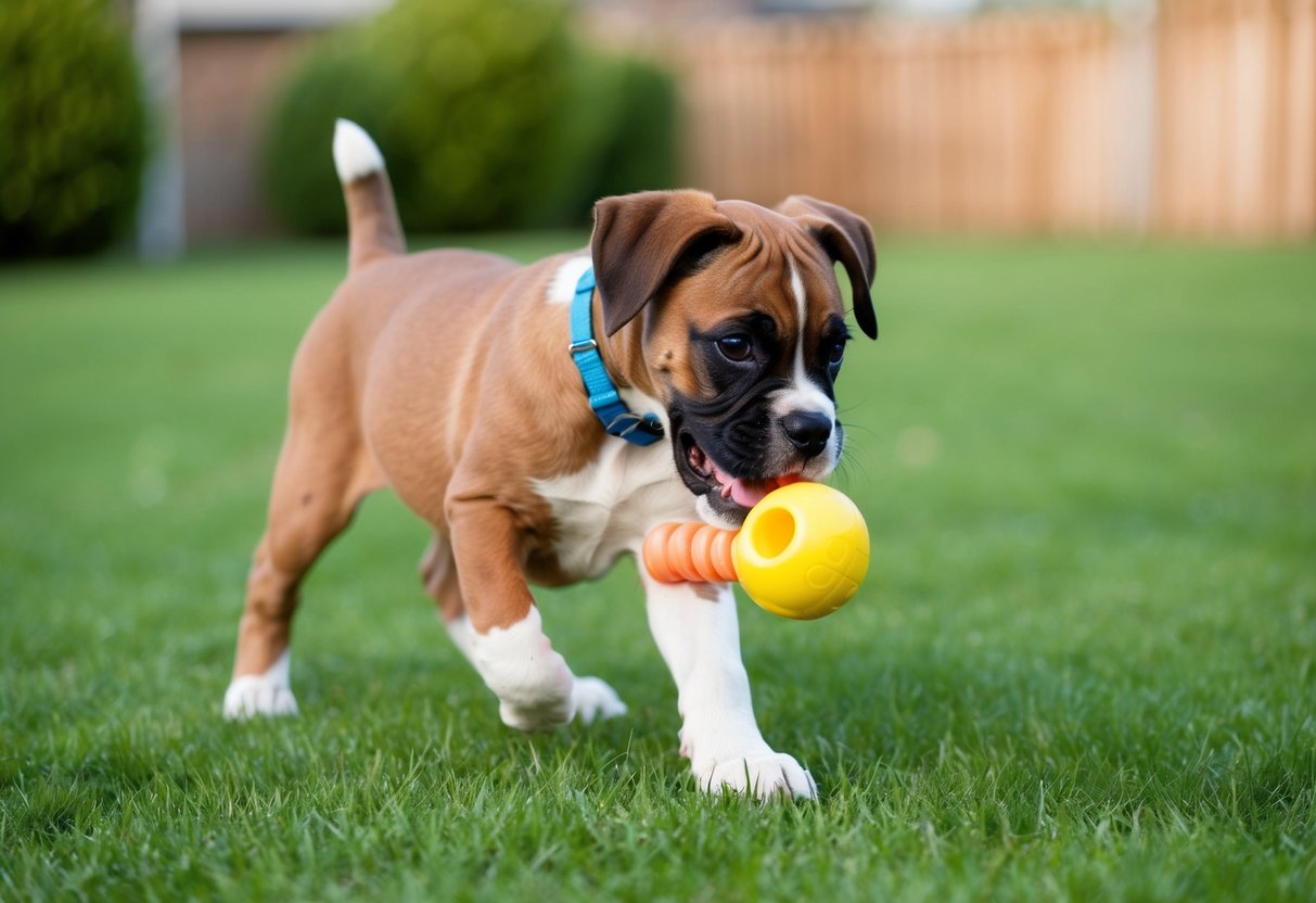 A lively boxer puppy playing with a chew toy in a spacious backyard, showing signs of adolescent growth with longer legs and a more defined physique