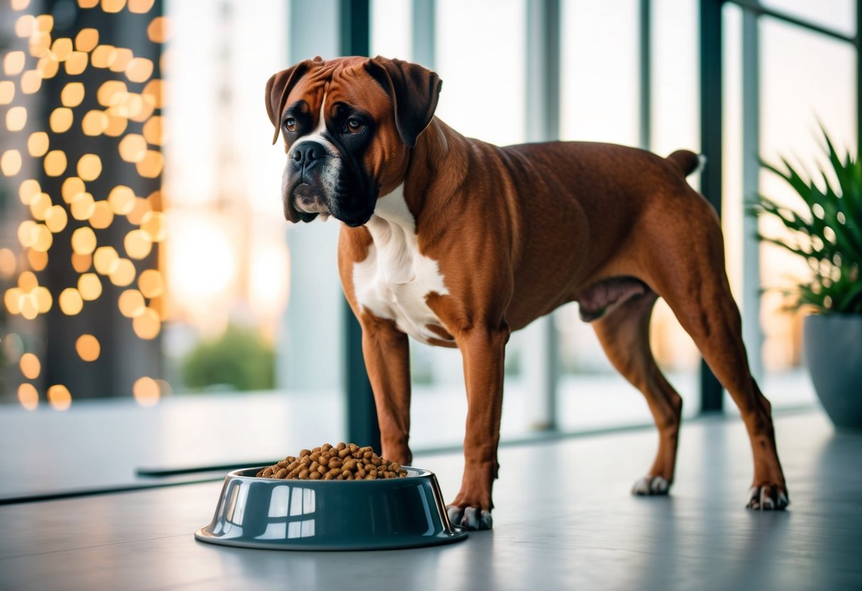 A fully-grown boxer dog standing next to a bowl of dog food and a water dish