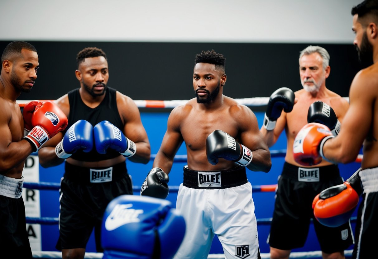 A group of adult boxers engage in training and socialization, displaying confident and mature behavior