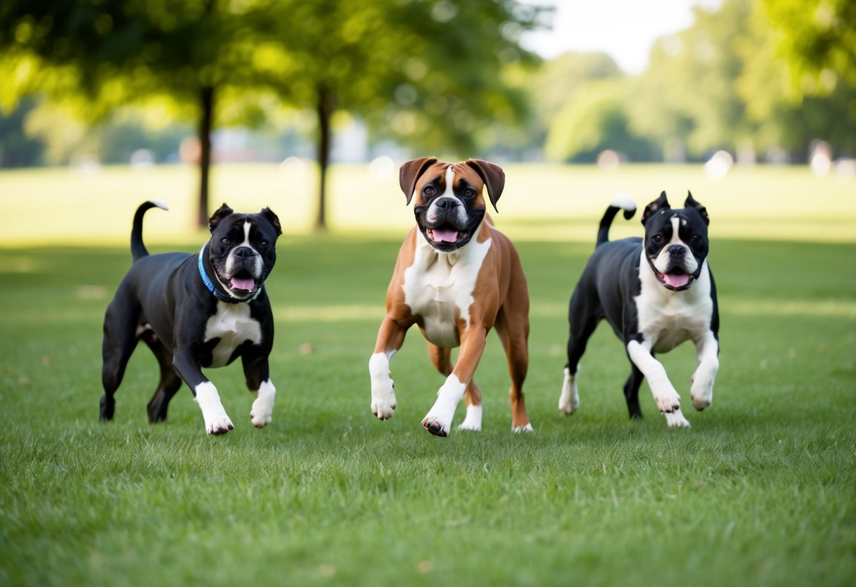 A Boxer dog plays happily with a group of other dogs in a spacious, grassy park