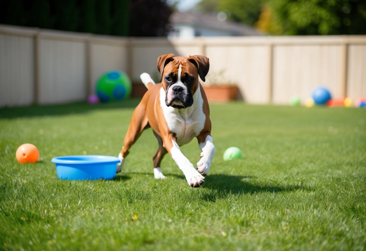 A boxer dog playing in a spacious, fenced-in yard, with plenty of toys and a water bowl nearby