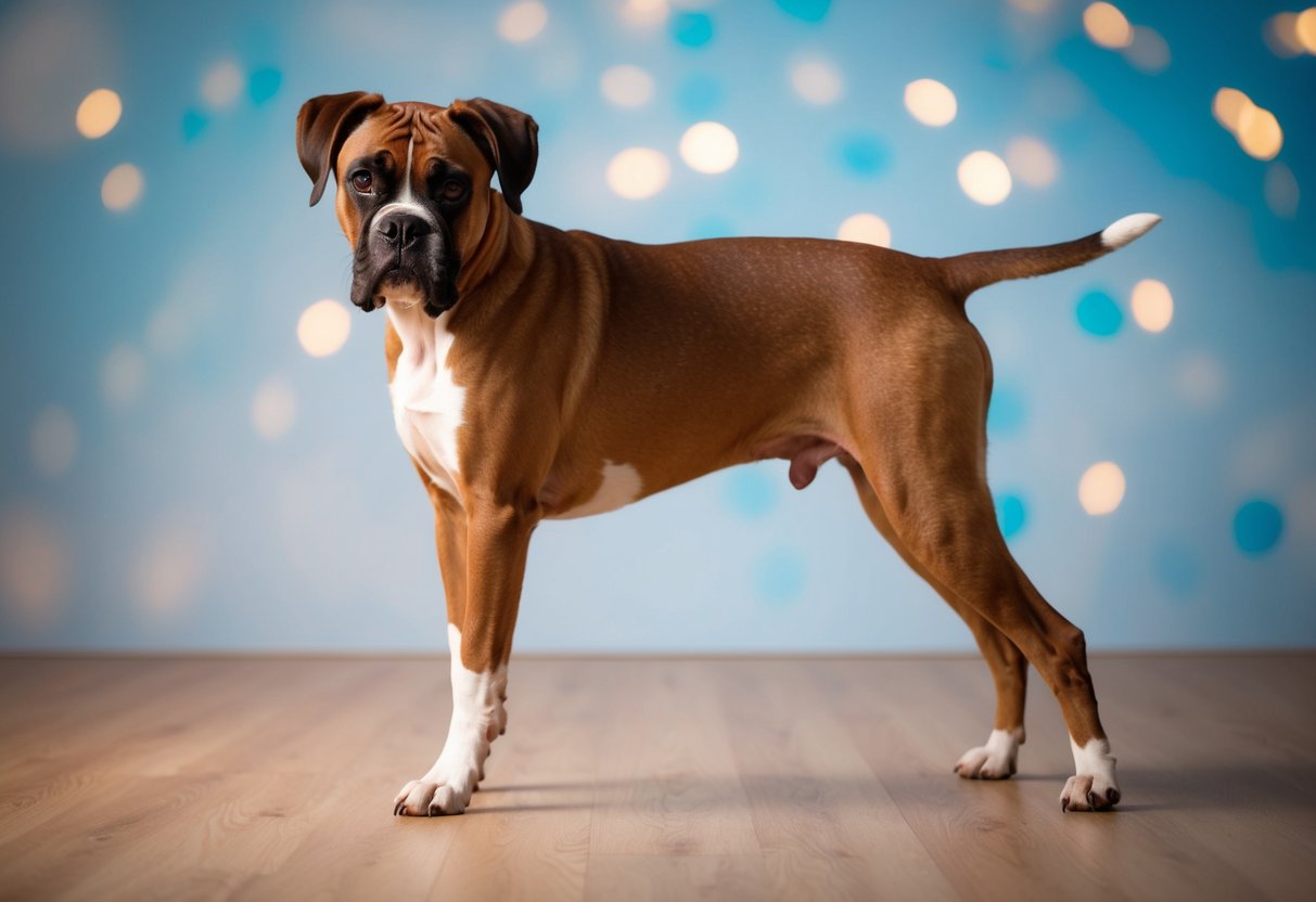 A boxer dog standing with a slightly tilted head, showing signs of muscle weakness and unsteadiness in its hind legs