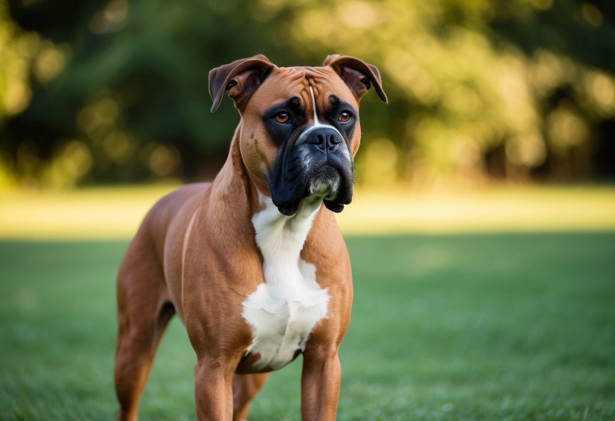 A boxer dog stands alert, facing outward, ears perked, and muscles tensed, ready to protect its owner from any potential threat