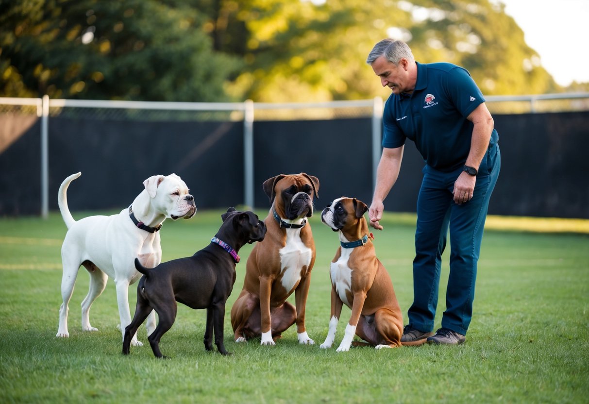 A well-behaved boxer calmly interacts with other dogs during a training session in a spacious, fenced-in yard, with a trainer overseeing the positive interaction