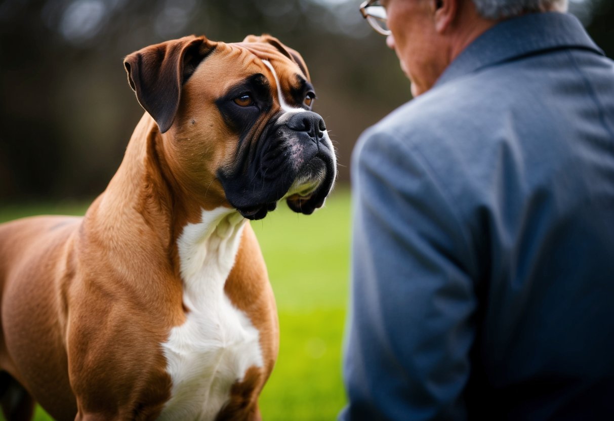 A boxer dog stands alert, facing a figure. The dog's ears are perked up and its body is tense, showing a protective stance