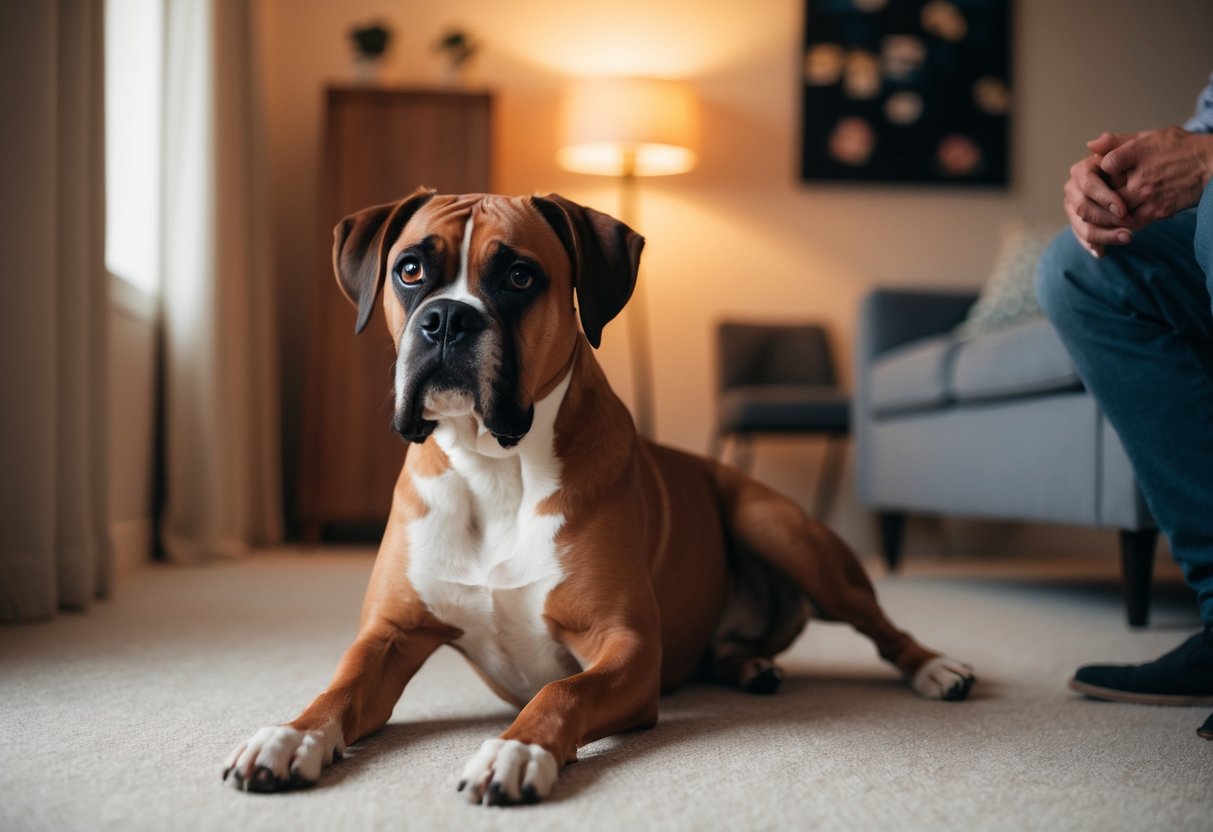 A boxer dog sits with attentive eyes fixed on its owner, head slightly tilted, in a quiet room with warm lighting
