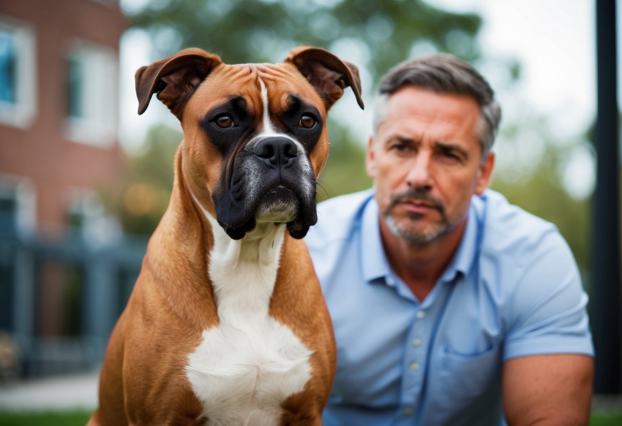 A boxer dog stands alert, ears perked and muscles tensed, positioned in front of its owner with a protective gaze