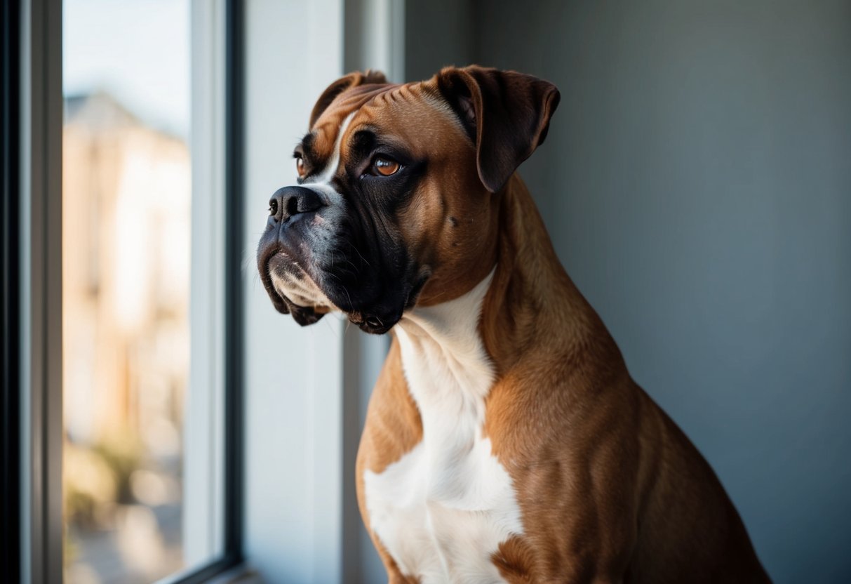 A Boxer dog stands alert, gazing out a window, ears perked and tail raised, ready to protect its owner