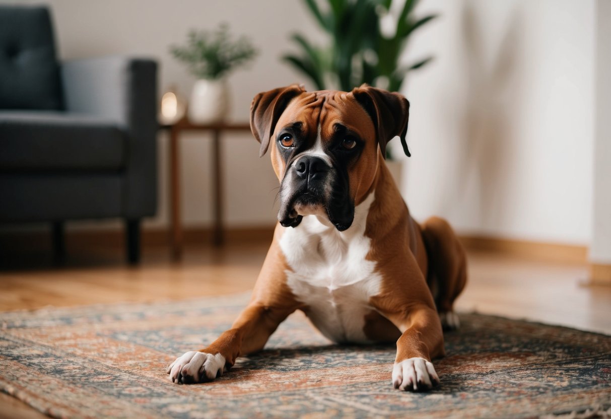A boxer dog sits on a rug, gazing intently at the viewer with a curious yet attentive expression