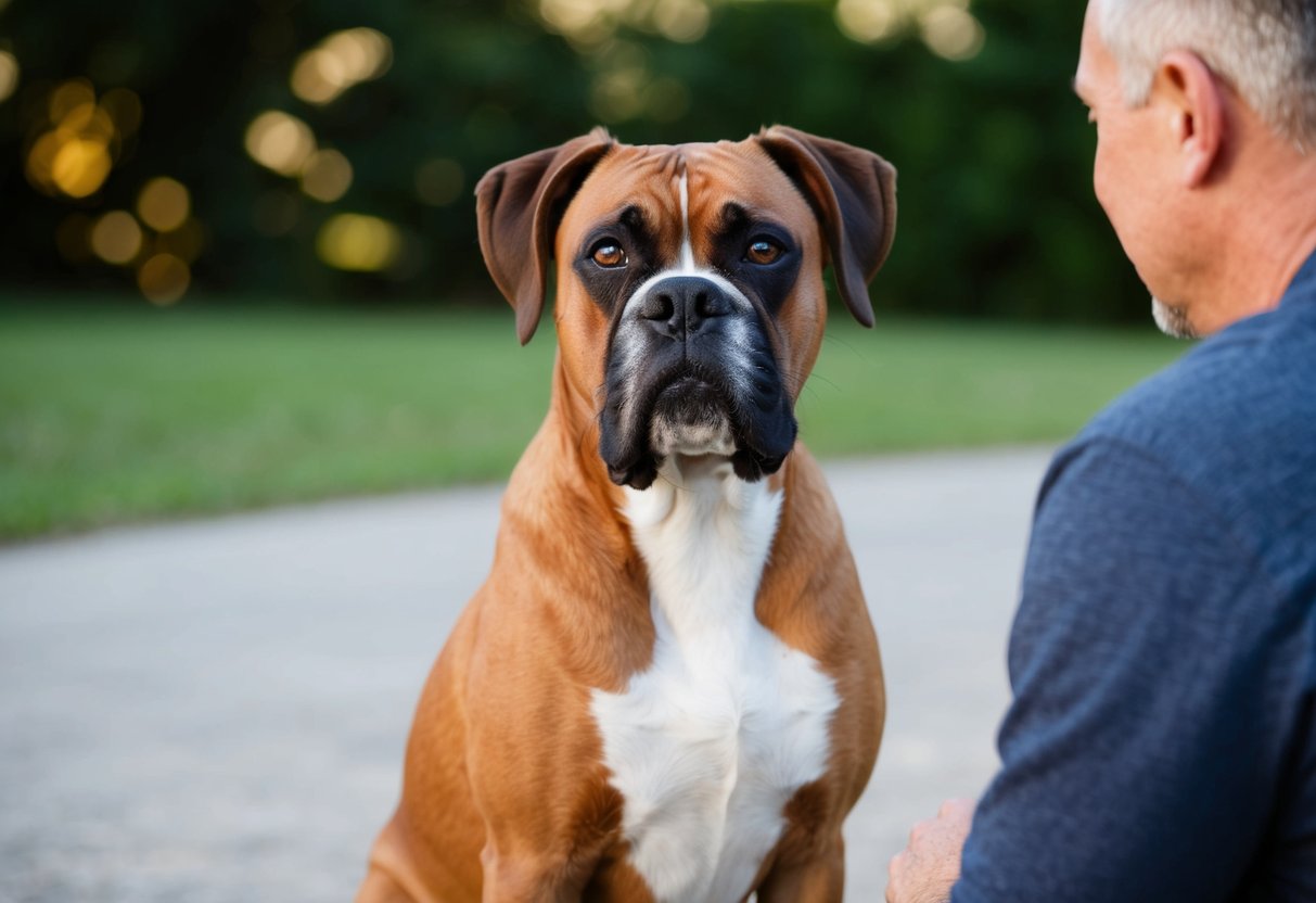 A boxer dog gazes lovingly at its owner, tail wagging and ears perked up in anticipation