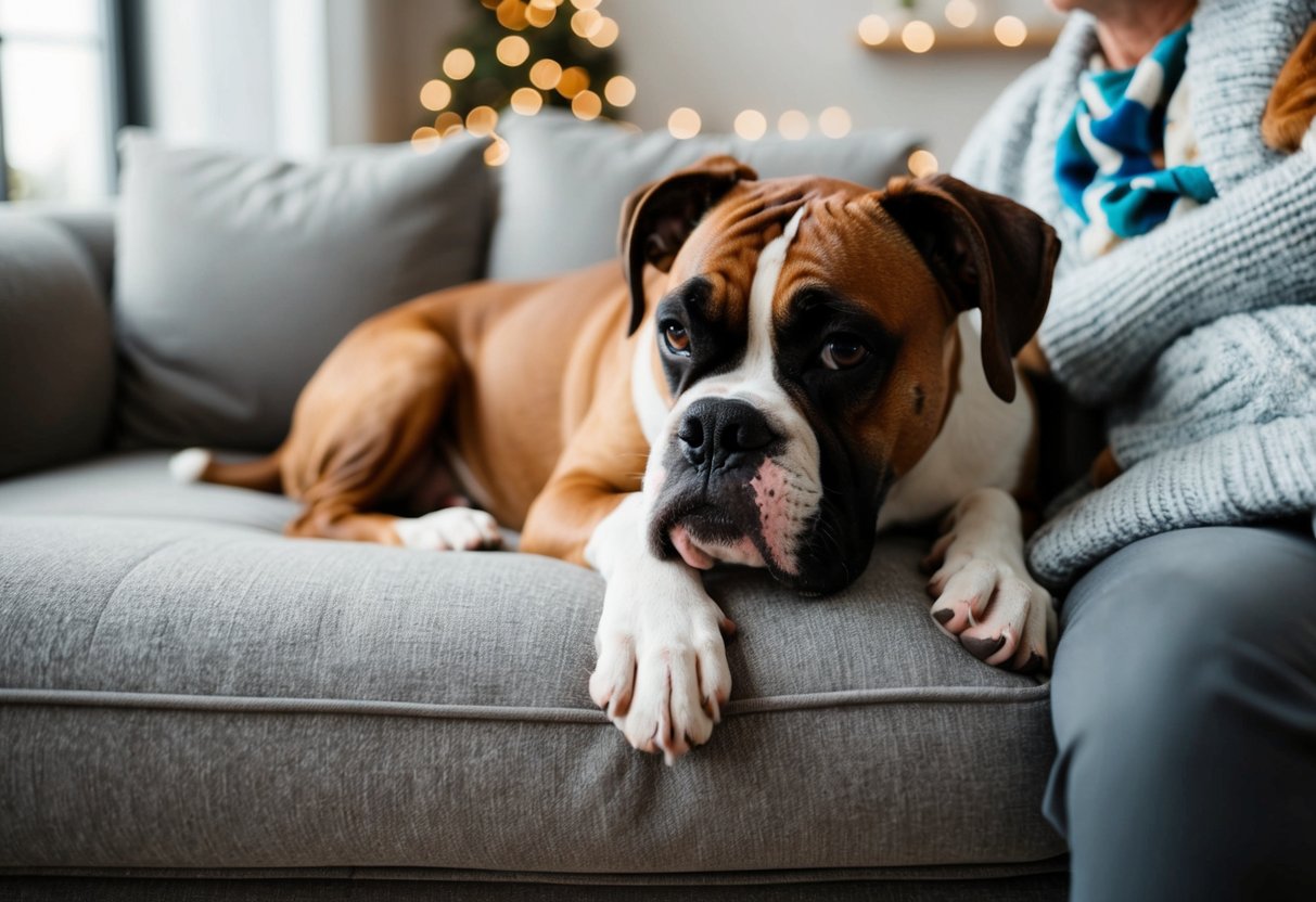 A boxer dog snuggles up on a cozy couch with a content expression, leaning into the embrace of its owner