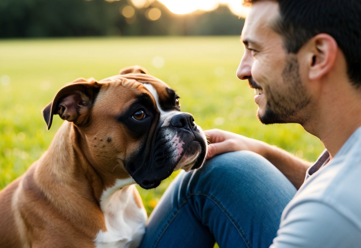 A boxer dog nuzzles its owner's leg, wagging its tail and looking up with adoring eyes