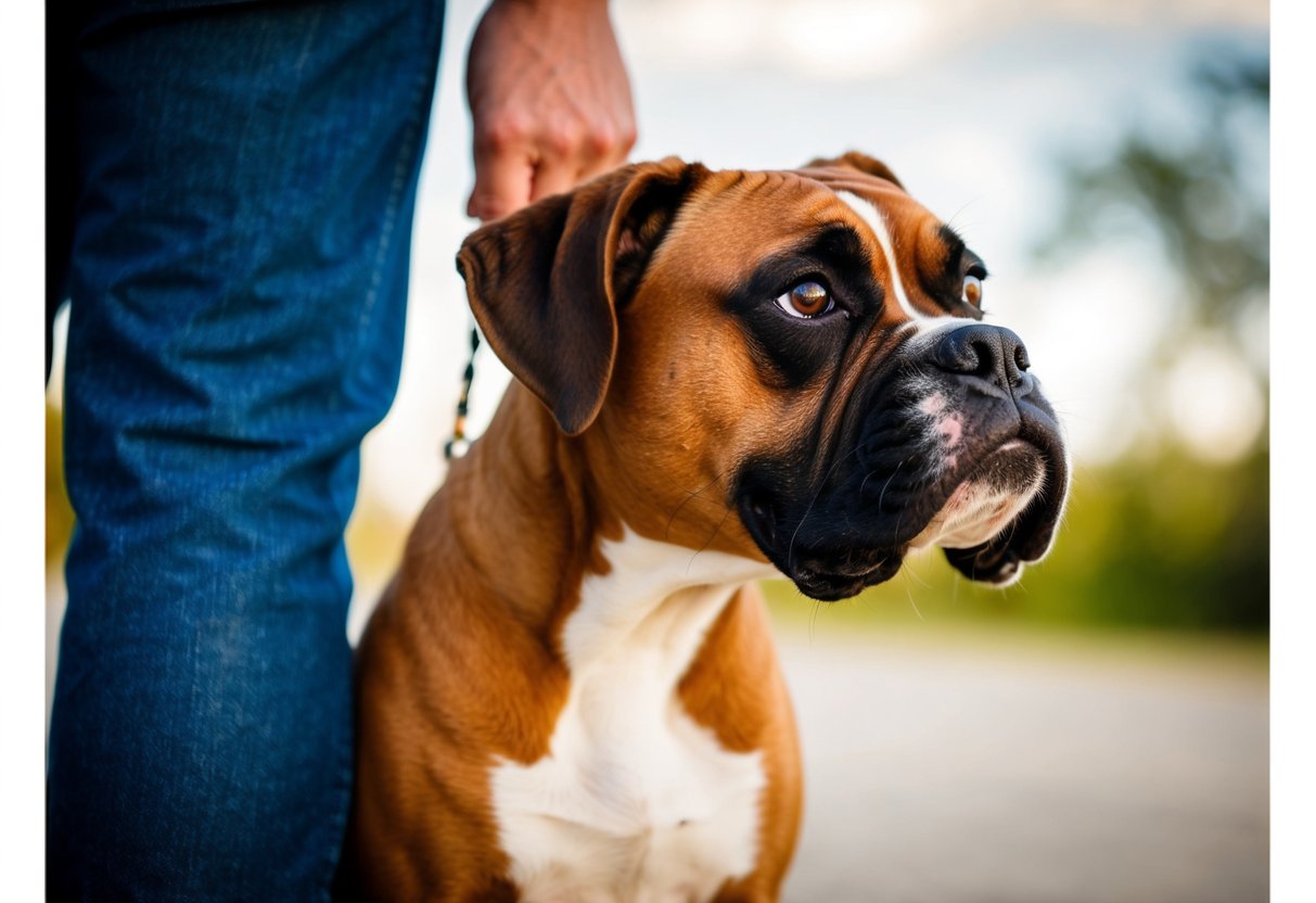 A boxer dog nuzzling against its owner's leg, wagging its tail and looking up with adoring eyes