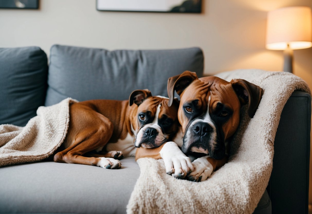A boxer dog lies on a cozy blanket, nuzzling close to its owner on the couch, both looking content and relaxed