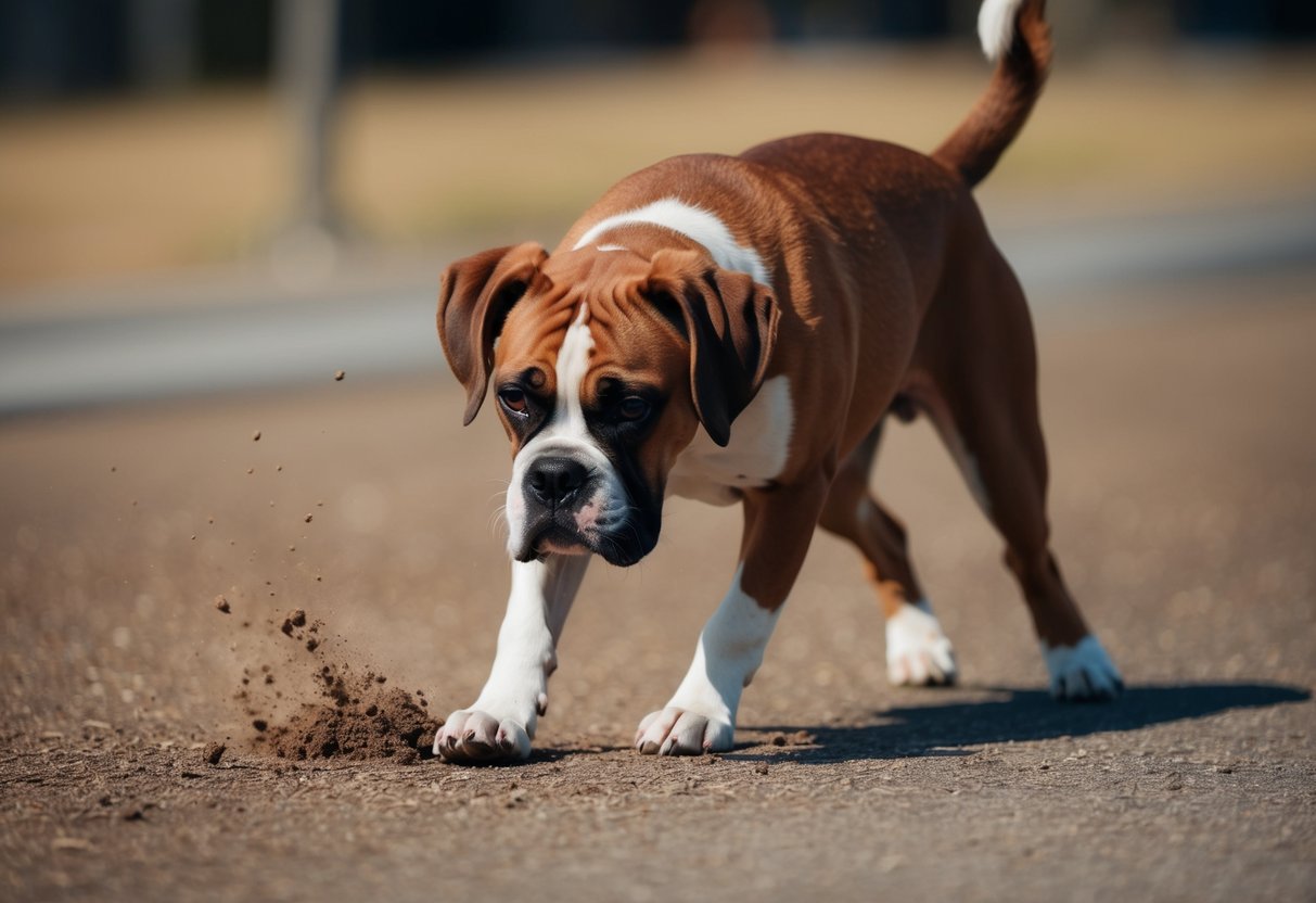 A boxer dog sniffs the ground, its tail wagging as it investigates the scents around it. The dog's ears are perked up, and its body is alert and curious
