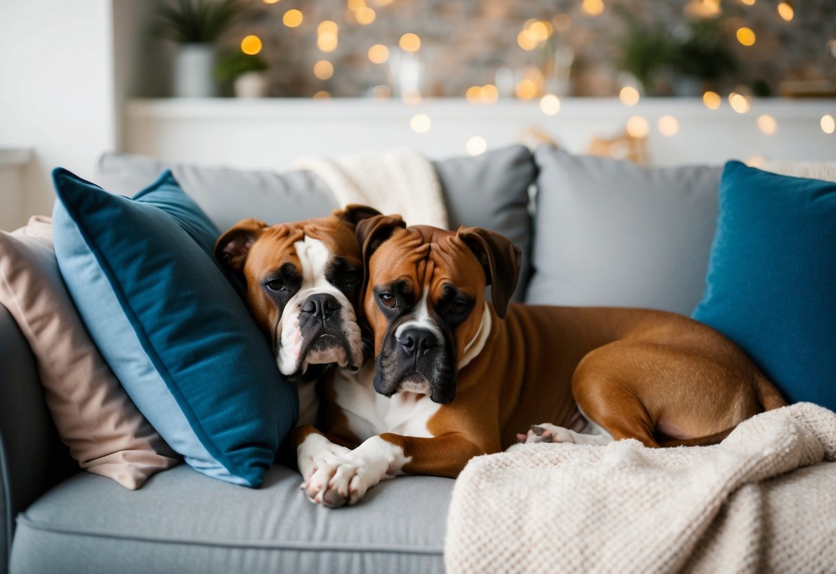 A boxer dog snuggles with its owner on a cozy couch, surrounded by soft pillows and blankets