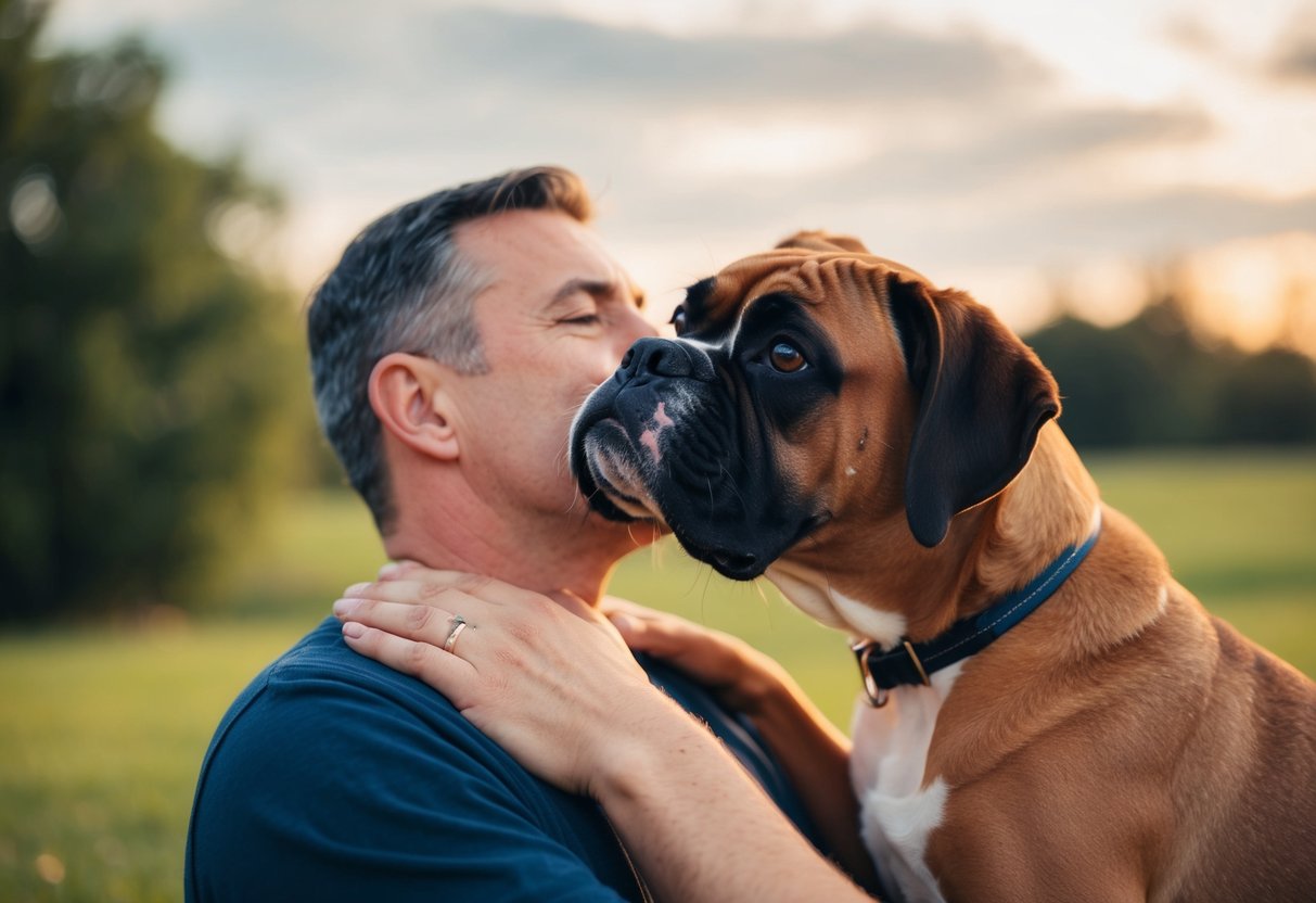 A boxer nuzzles its head against its owner's chest, wagging its tail and gazing up with adoring eyes