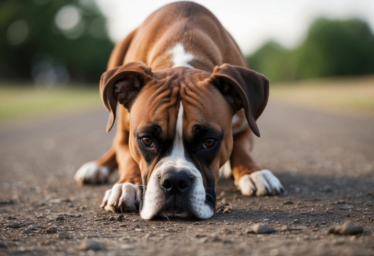A boxer dog sniffs the ground intensely, its nose close to the earth, while its ears perk up and its eyes scan the surroundings