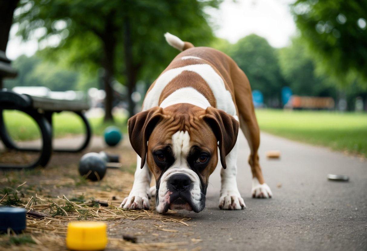 A boxer dog with a curious expression sniffs the ground, surrounded by various scents and objects in a park