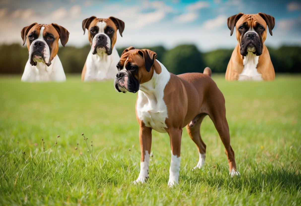 A boxer dog stands in a grassy field, nose to the ground, sniffing intently. In the background, images of its ancestors are faded into the scenery