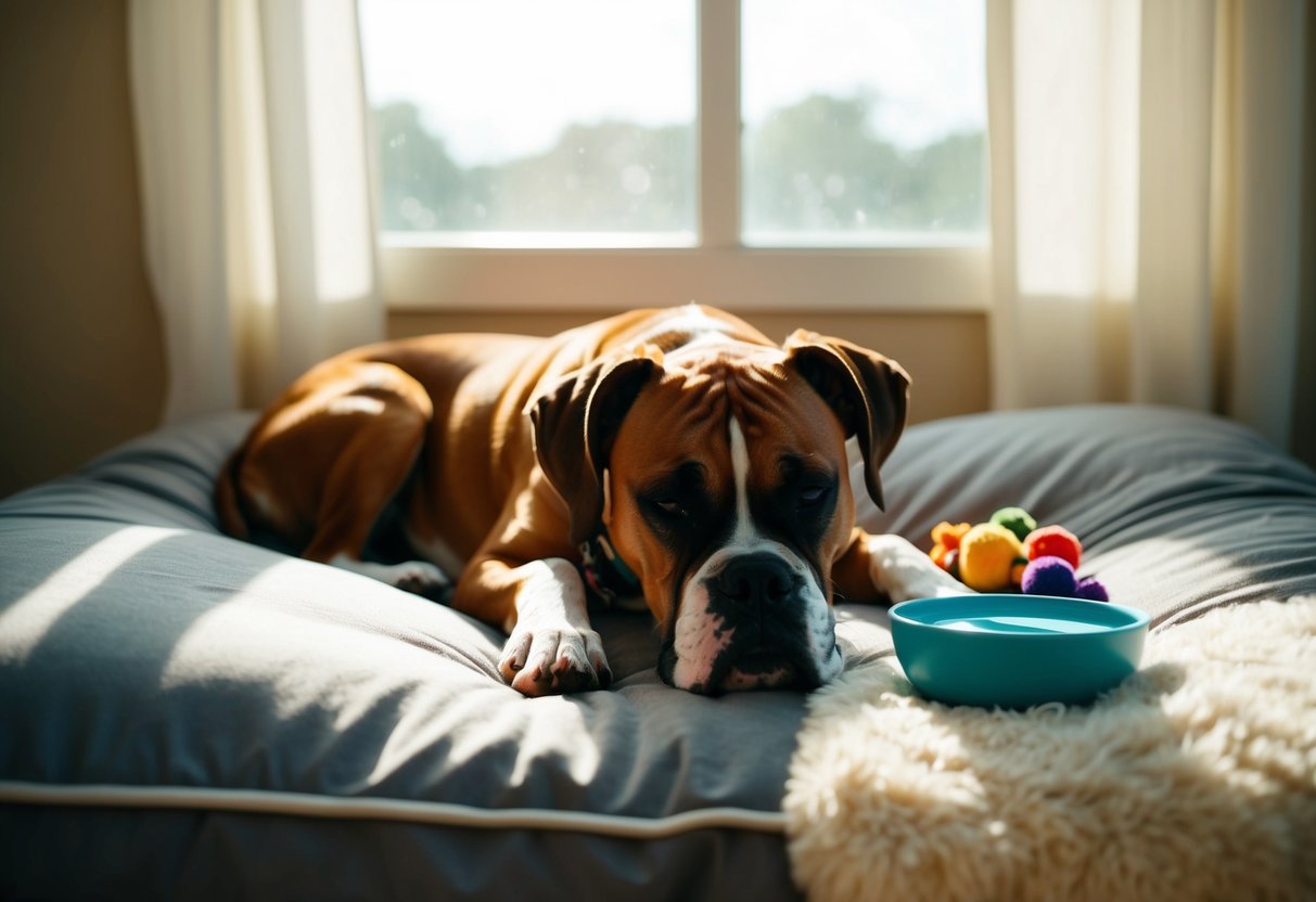 A boxer dog naps in a cozy bed, surrounded by toys and a bowl of water. Sunlight streams through a window onto the peaceful scene