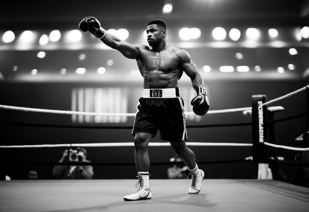 A muscular boxer stands on two legs, with one foot slightly turned out. His arms are raised, ready to strike, as he moves with a distinct, confident swagger