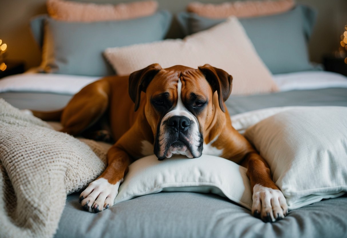 A boxer dog lying on a cozy bed, with closed eyes and a relaxed posture, surrounded by soft pillows and blankets