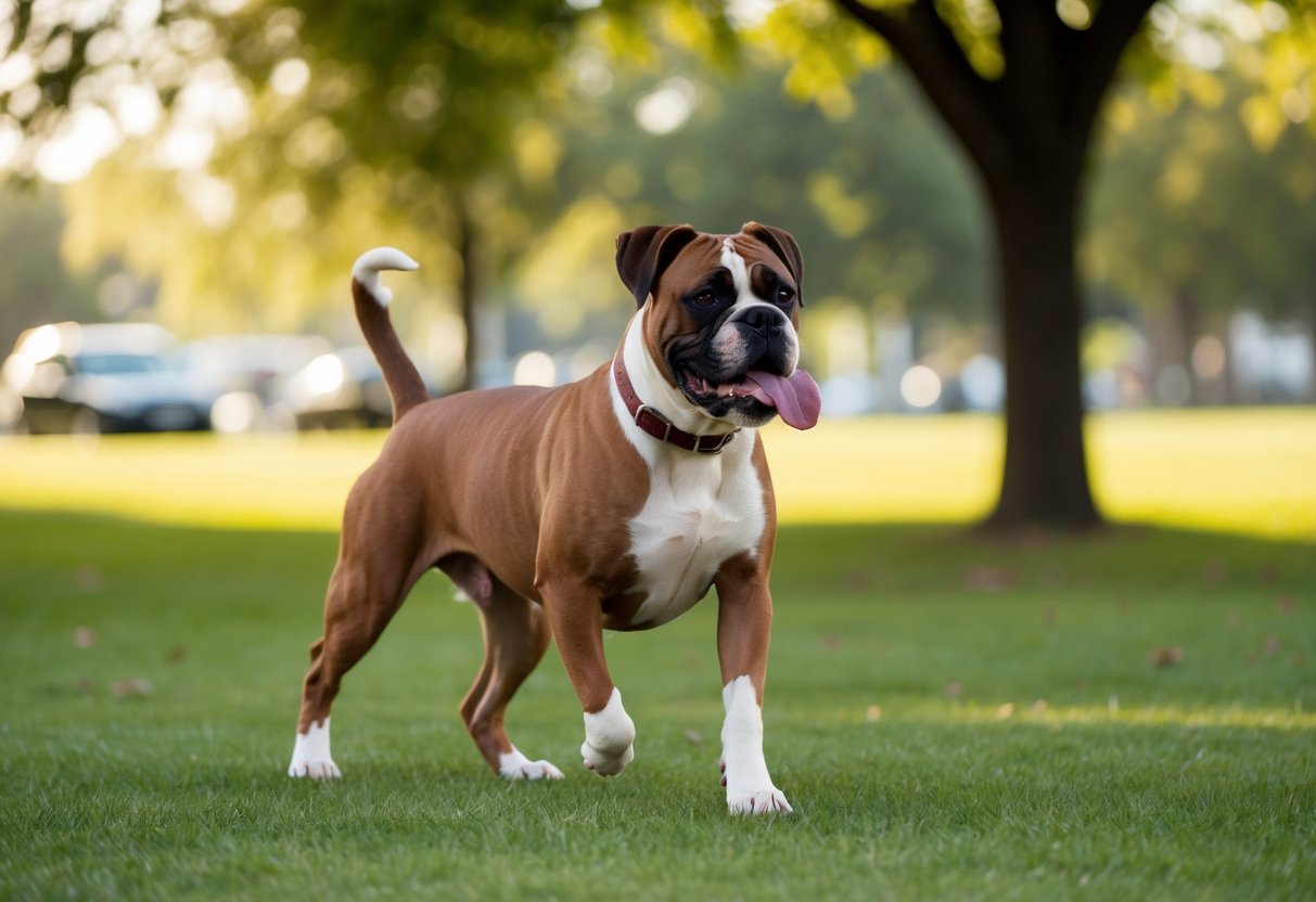 A boxer dog waddles comically, head held high, tongue lolling, and tail wagging, as it trots around a park