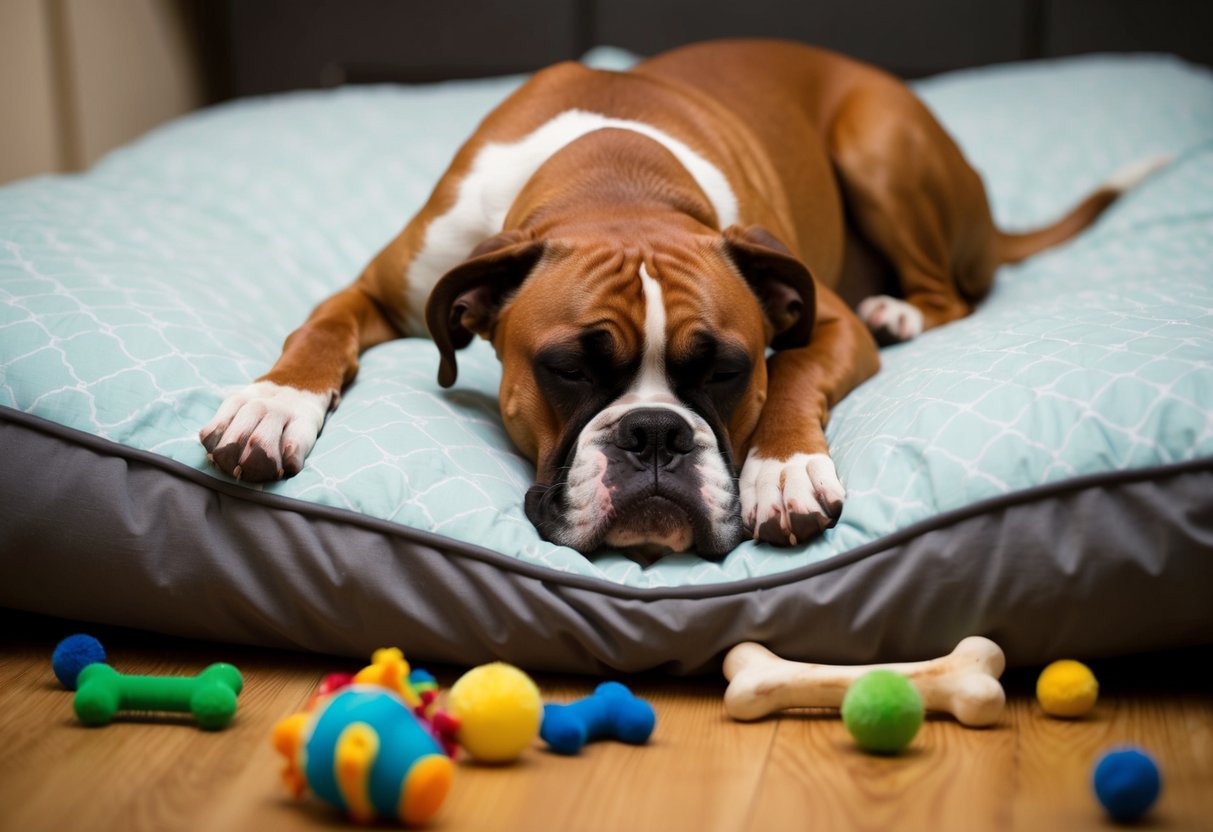 A sleepy boxer dog snoozing on a cozy bed, surrounded by scattered toys and a half-eaten bone