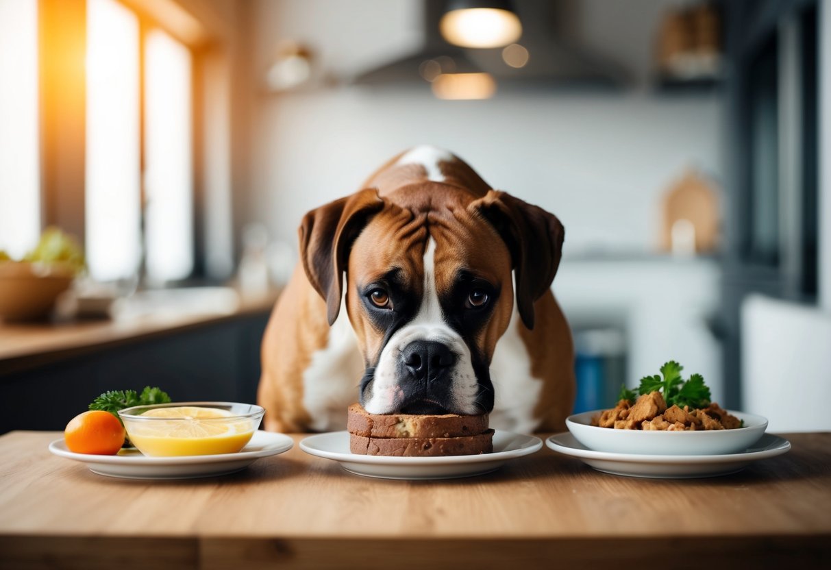 A boxer dog eating three meals a day: breakfast, lunch, and dinner