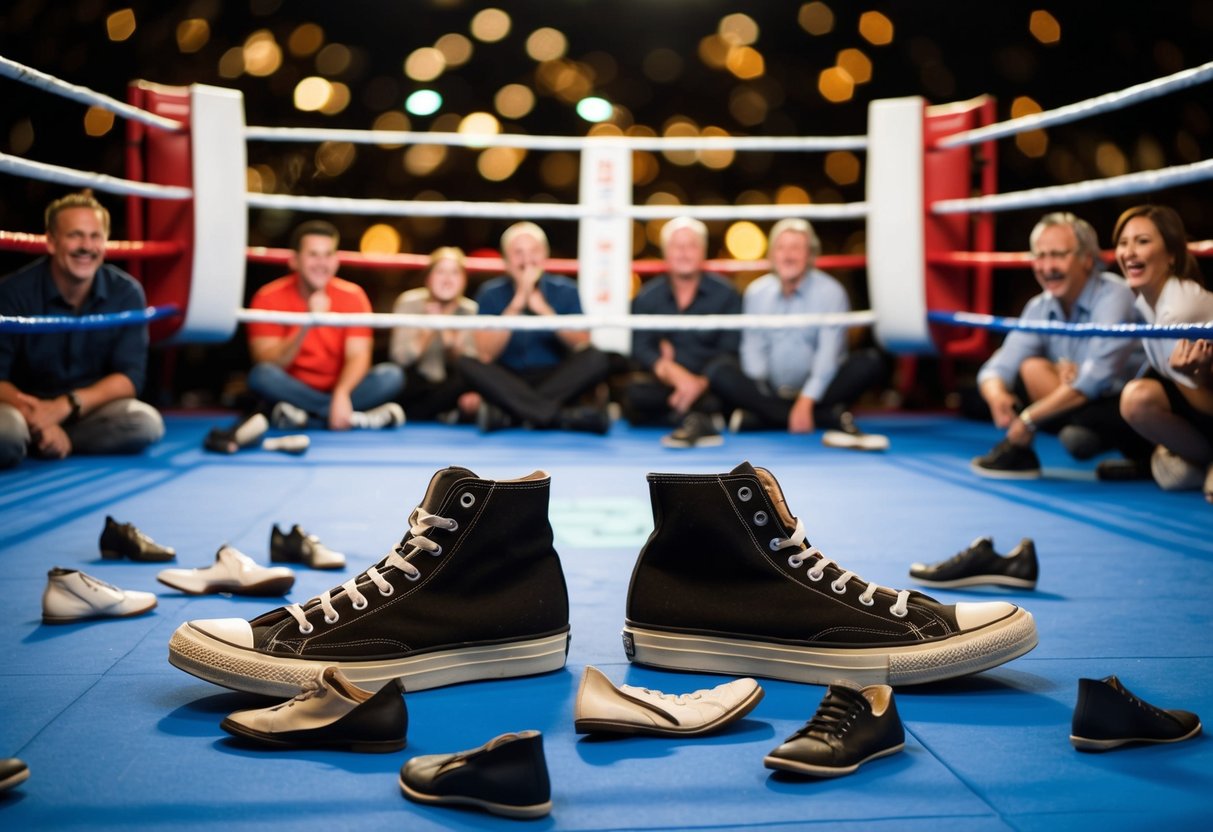 A boxing ring with two pairs of oversized, mismatched shoes scattered on the floor, surrounded by laughing spectators