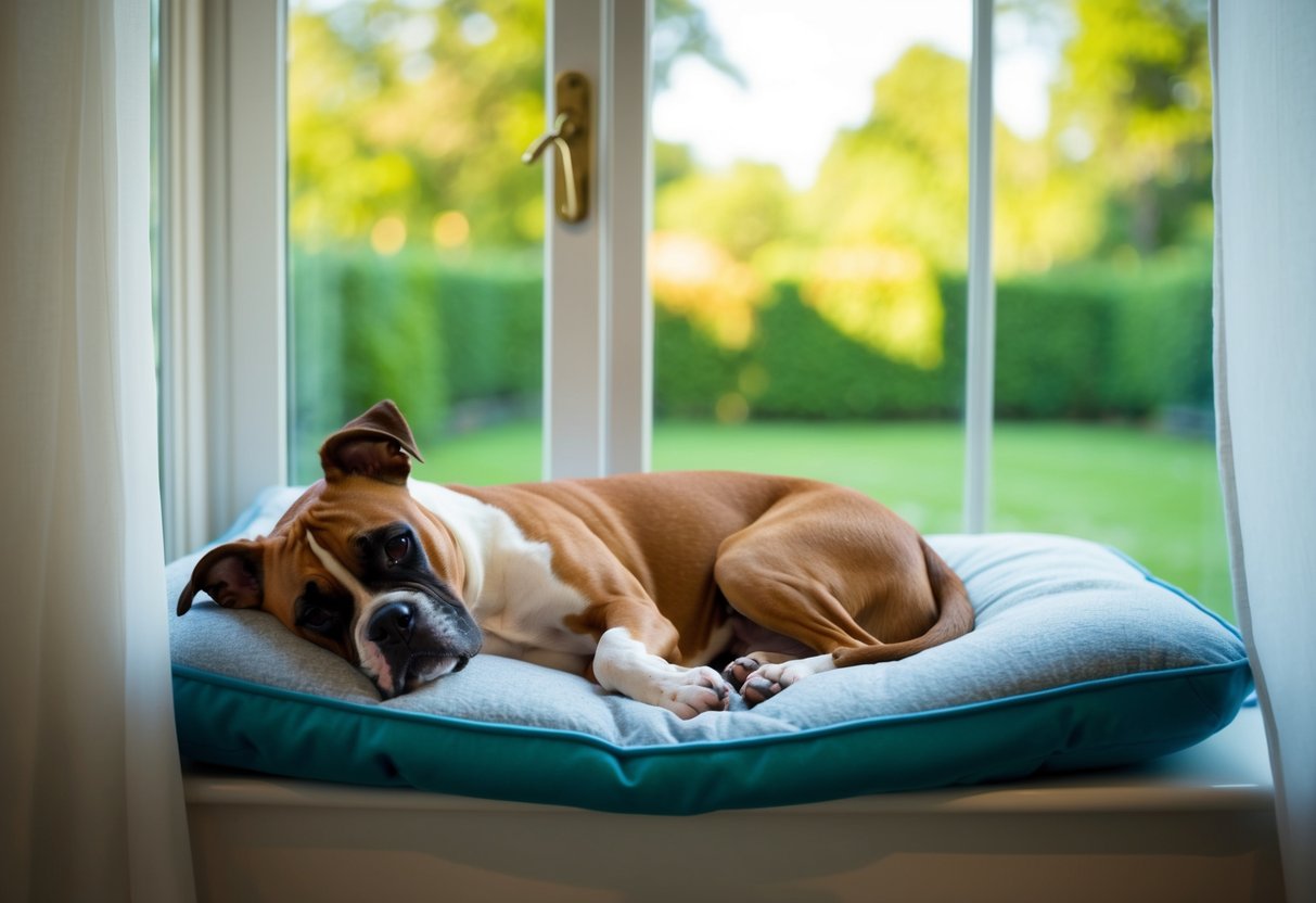 A boxer dog napping in a cozy bed next to a sunny window with a view of a peaceful, green backyard