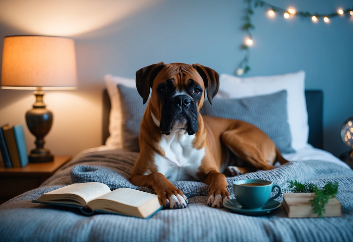 A boxer nestled in a cozy bed, surrounded by calming elements like a dim lamp, a book, and a cup of herbal tea