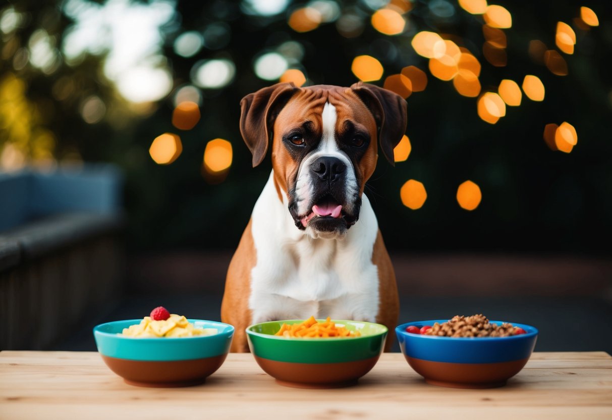 A boxer dog eating breakfast, lunch, and dinner in three separate bowls