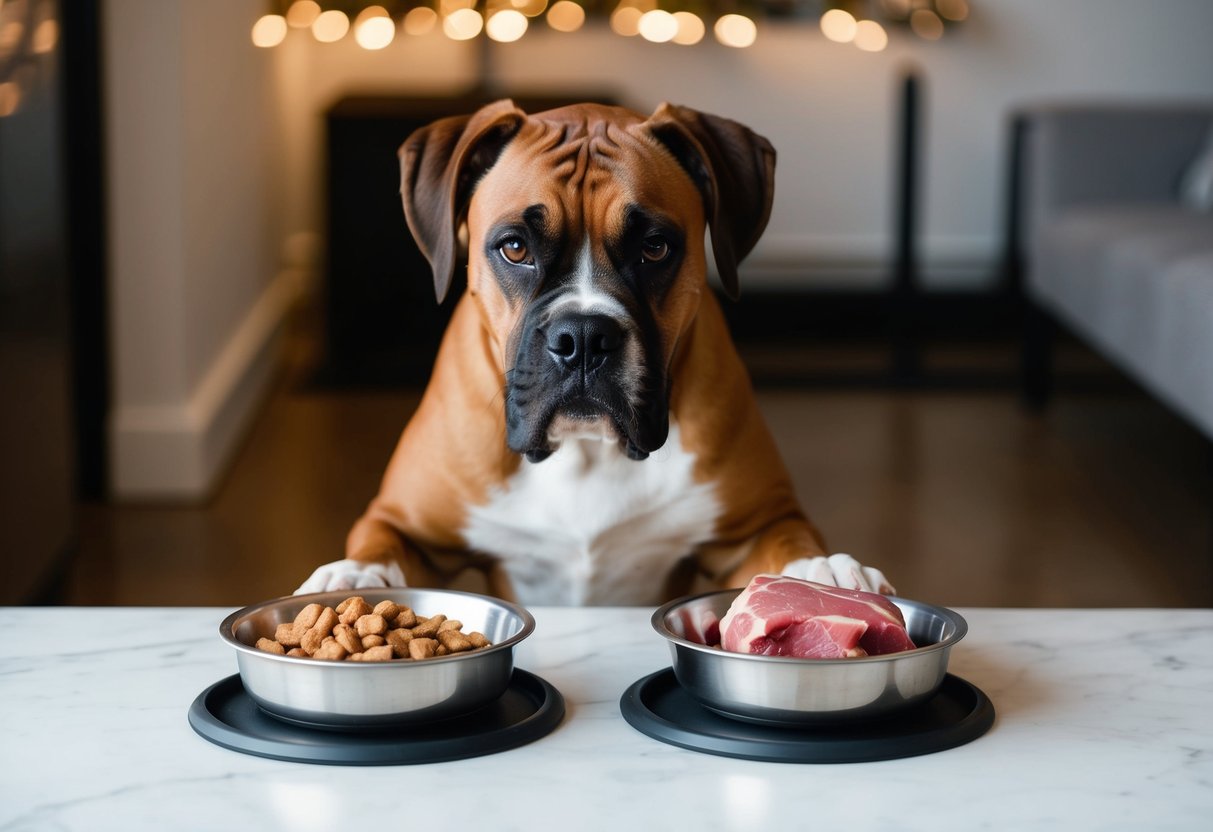 A boxer dog sits in front of two bowls of food, one containing a measured portion of kibble and the other with a portion of fresh meat. The dog looks alert and eager to eat