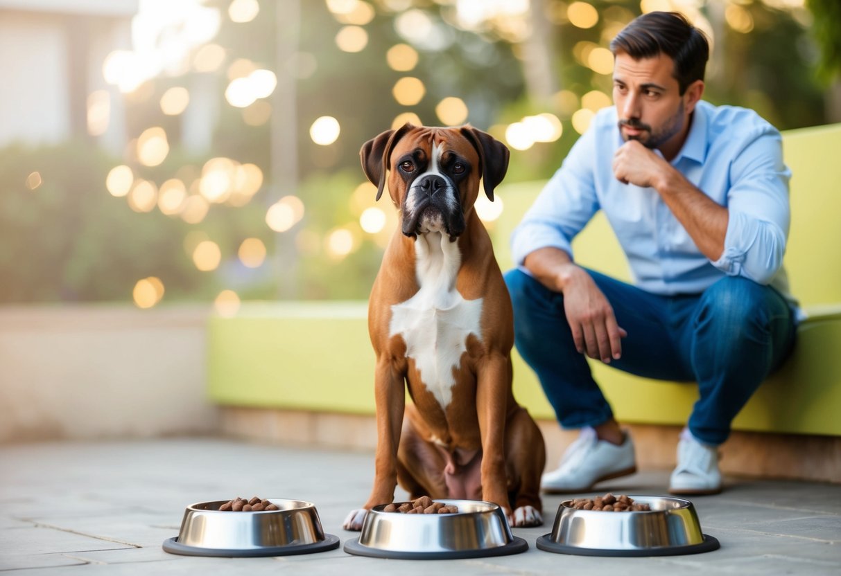 A boxer dog sits expectantly by two full food bowls, while a concerned owner looks on, questioning the appropriate number of meals per day