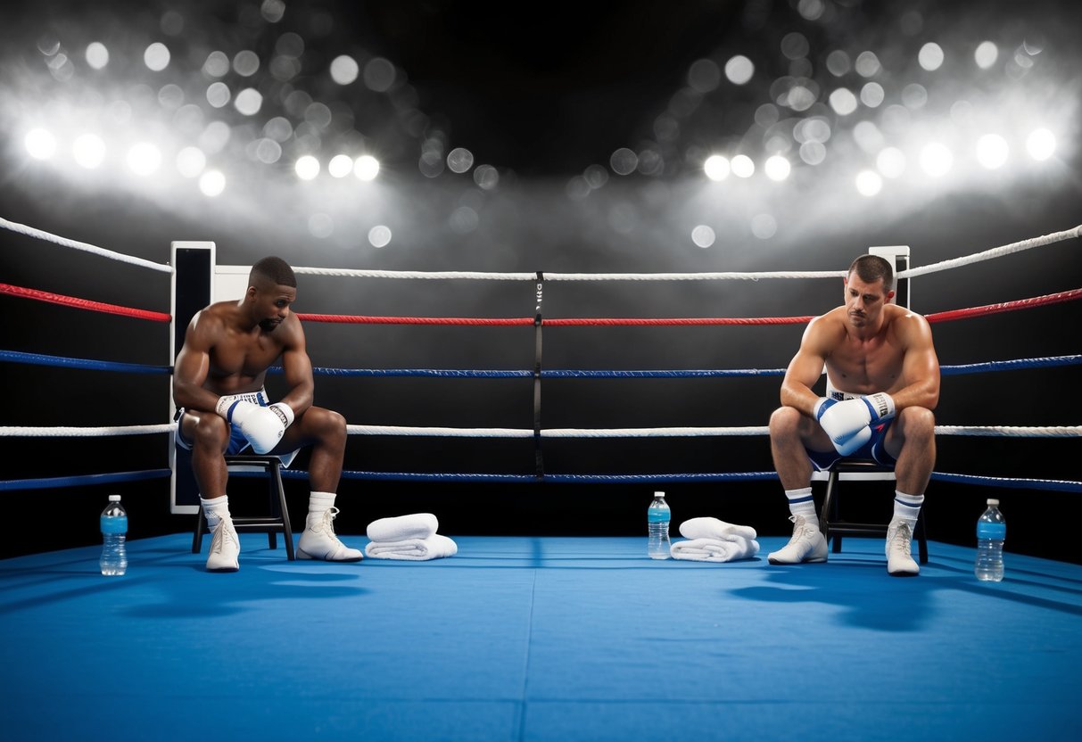 Boxers resting in separate corners of a boxing ring. One boxer sits on a stool, while another leans against the ropes. Water bottles and towels are scattered around