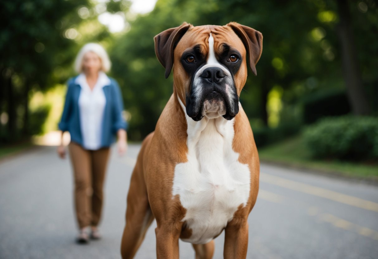 A boxer dog stands alert, positioned in front of its owner with a watchful gaze and protective stance