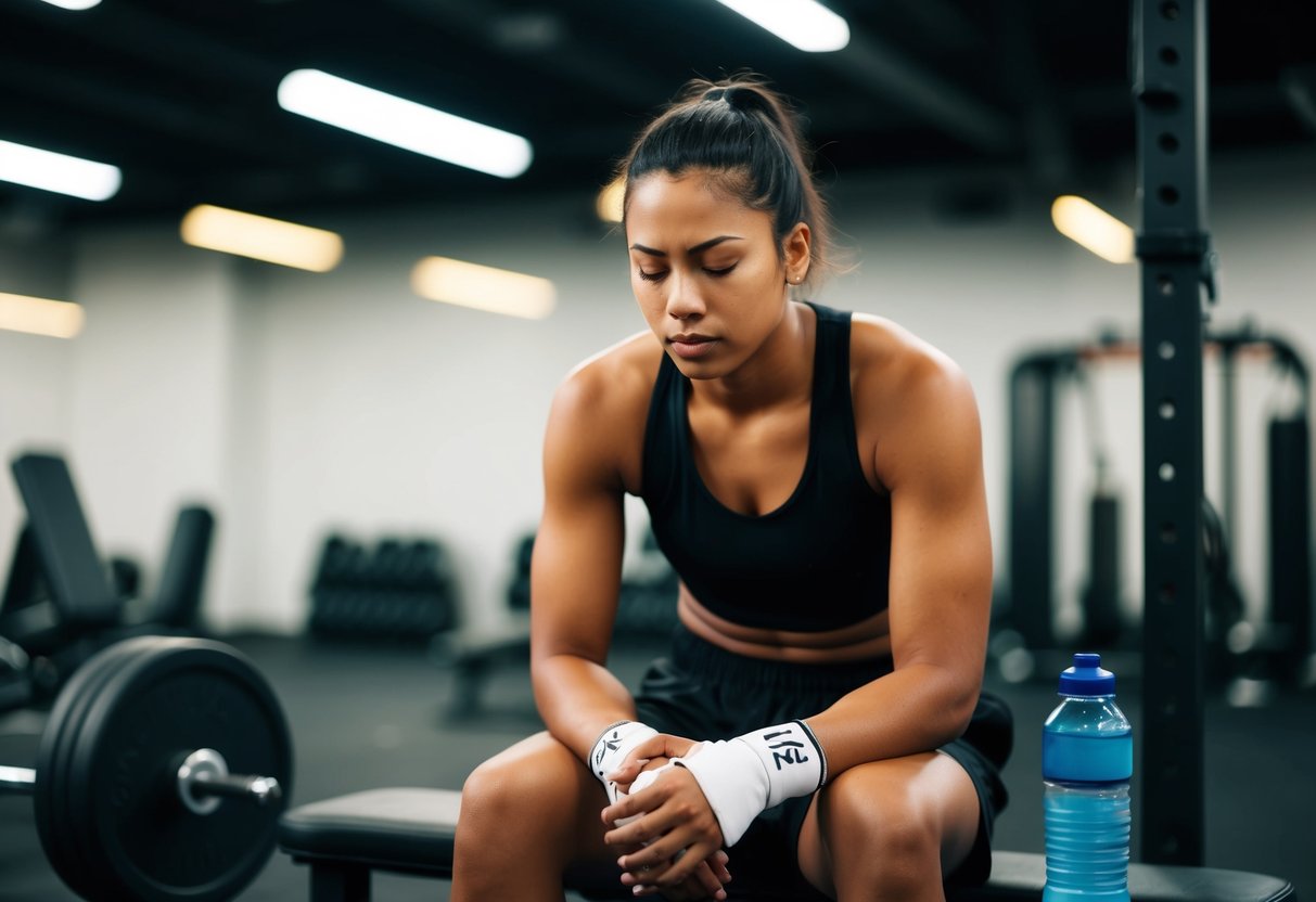 A boxer sitting on a bench with their eyes closed, surrounded by gym equipment and a water bottle