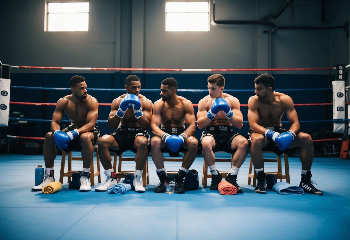 A group of professional boxers resting in a gym, sitting on stools and towels, hydrating and chatting with each other