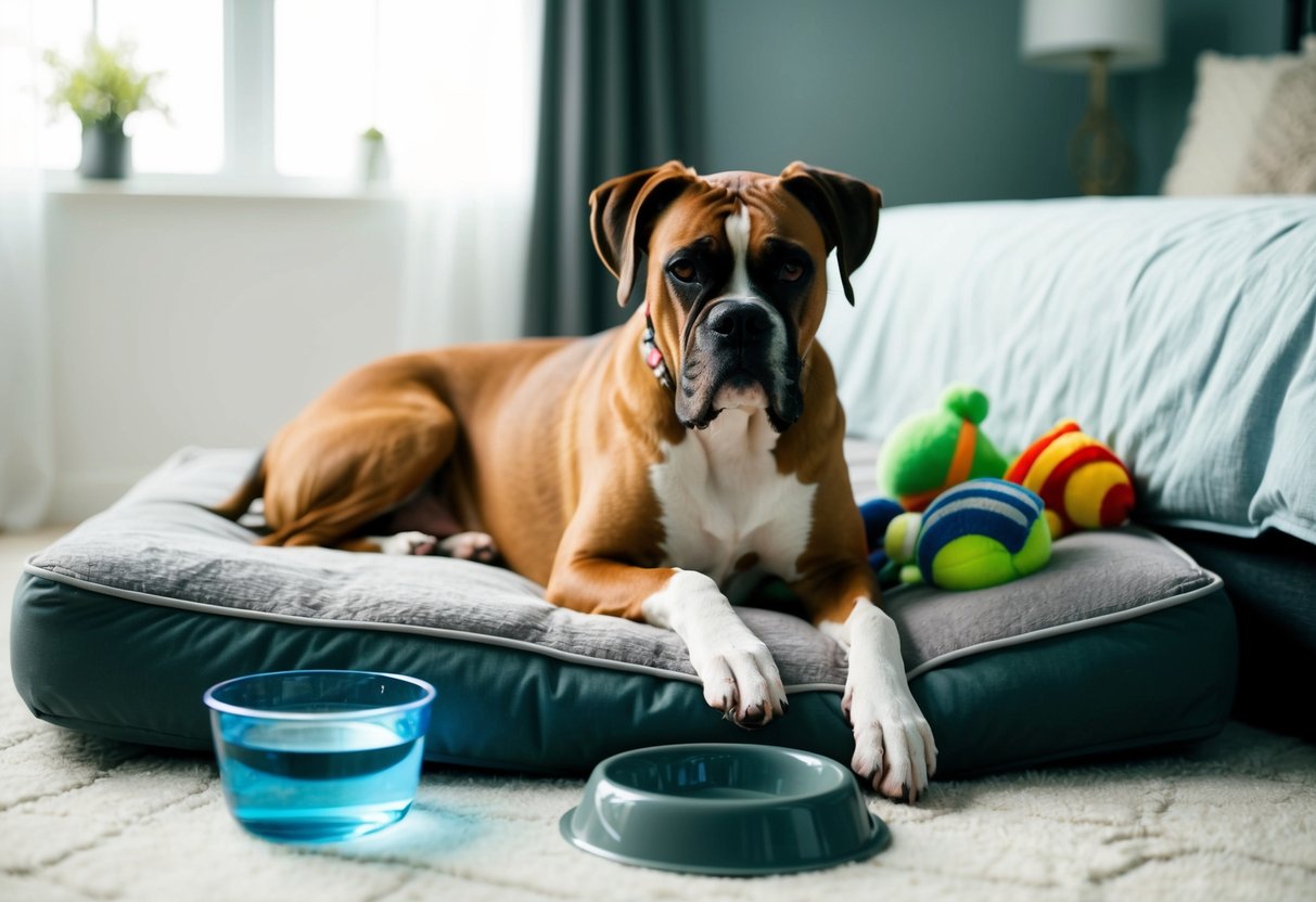 A boxer dog lounges on a plush bed, surrounded by toys and a water bowl. Its coat is sleek and well-groomed, conveying a low-maintenance demeanor