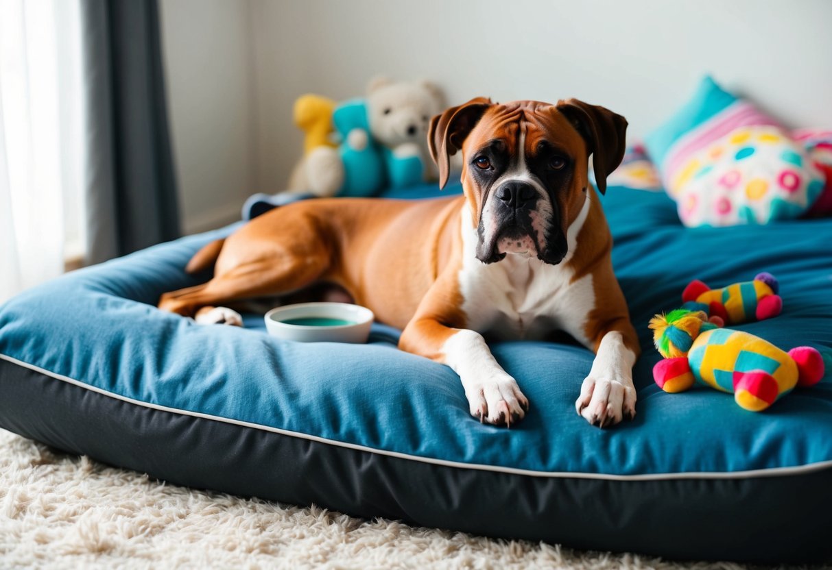 A boxer dog lounges on a cozy bed, surrounded by toys and a bowl of water. Its relaxed expression suggests a low-maintenance demeanor