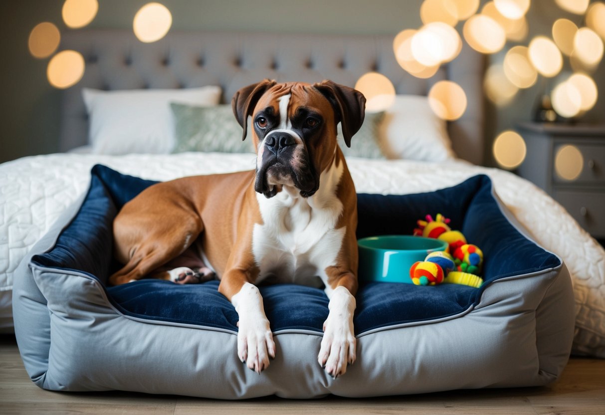 A boxer dog lounges on a plush bed, surrounded by toys and a water bowl. Its coat is shiny and well-groomed, and it looks content and relaxed
