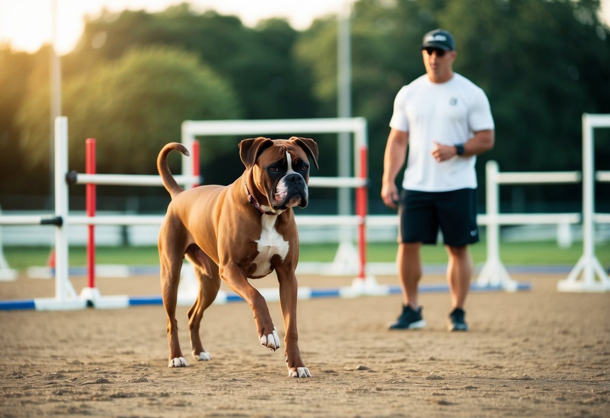 A professional boxer dog, in peak physical condition, training in a spacious outdoor arena with agility equipment and a coach overseeing the workout