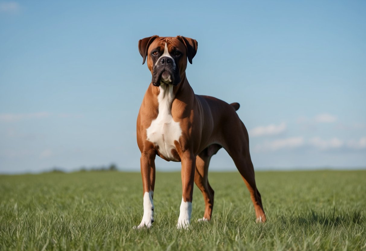 A muscular boxer dog with a sleek coat and alert expression stands proudly in a grassy field, with a clear blue sky in the background