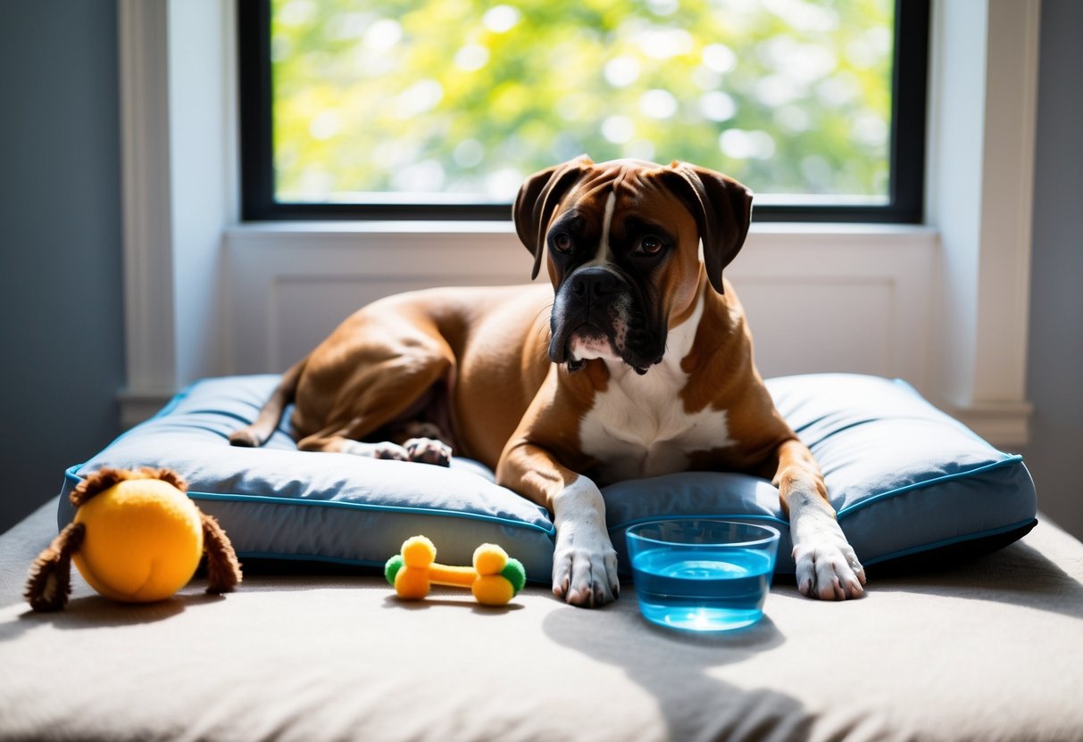 A boxer dog lounges on a comfortable bed, surrounded by toys and a water bowl. Its sleek coat glistens in the sunlight streaming through the window, exuding an air of contentment and low maintenance