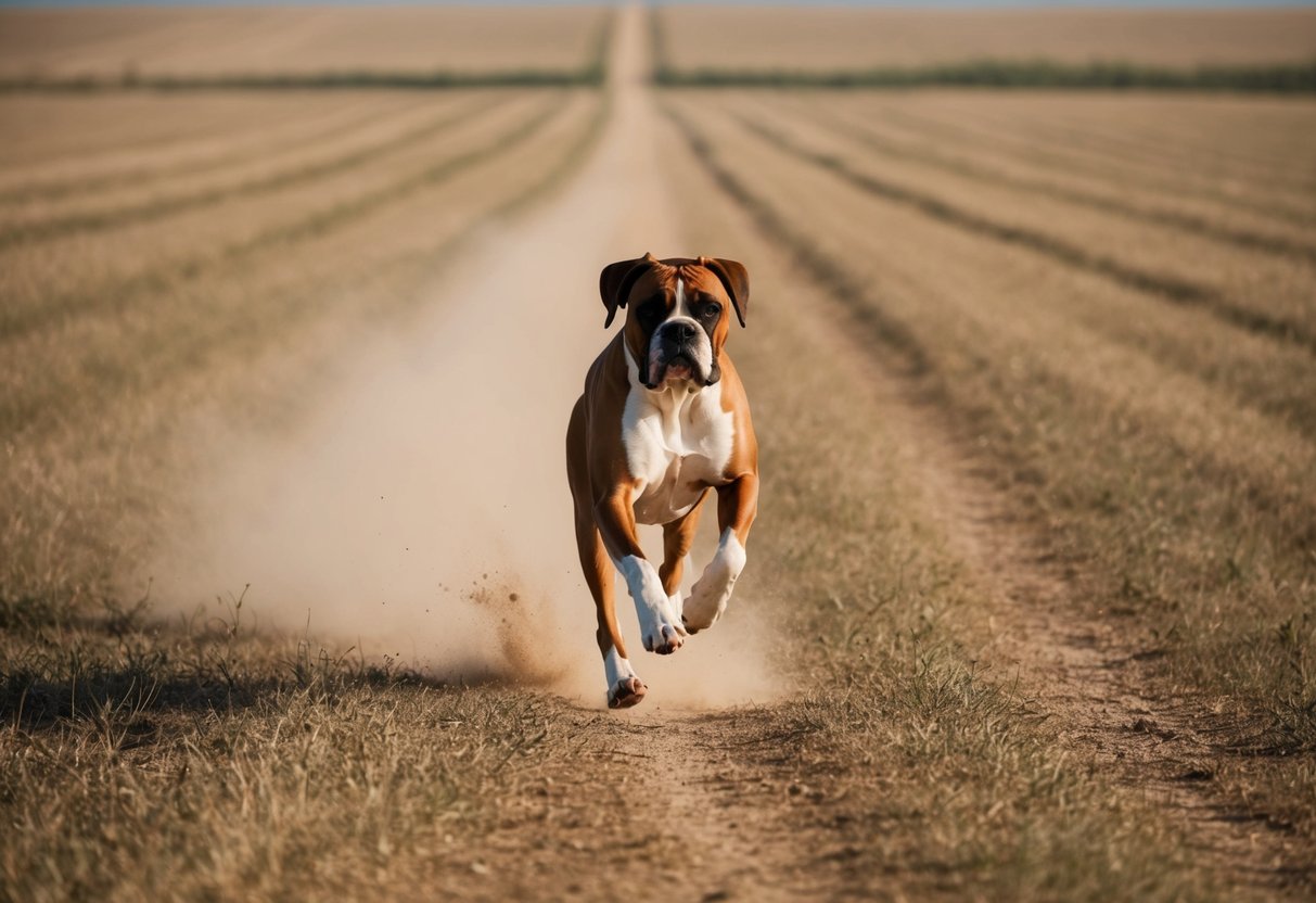 A boxer dog running across a vast open field, with a trail of dust kicking up behind them as they cover a long distance