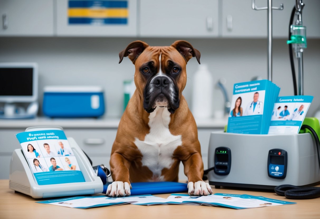 A boxer dog with a muscular build and alert expression, surrounded by veterinary equipment and pamphlets on common health issues